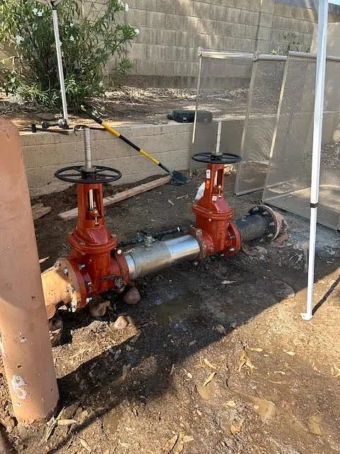Large outdoor backflow assembly with red valves